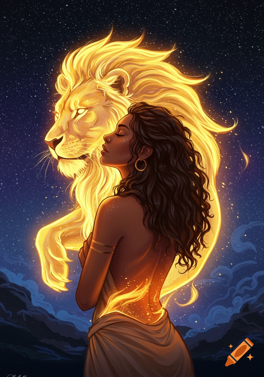 A woman with closed eyes and bare back with a golden lion spirit silhouette emerging from her, against a starry sky, digital art.