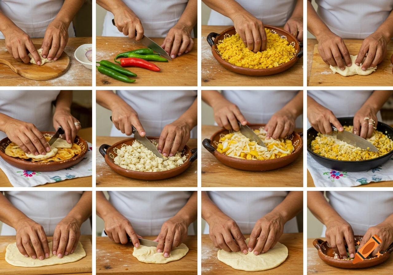 Hands preparing food step-by-step, showing dough, chilies, and filling.