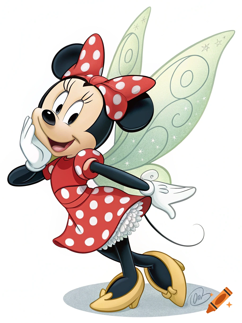 Cartoon illustration of Minnie Mouse as a fairy with green wings