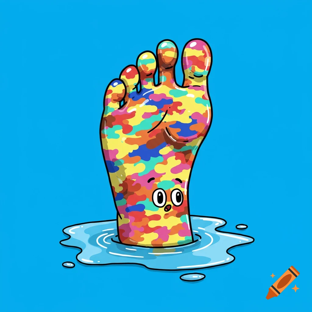 Cartoon foot painted with camouflage emerging from a puddle