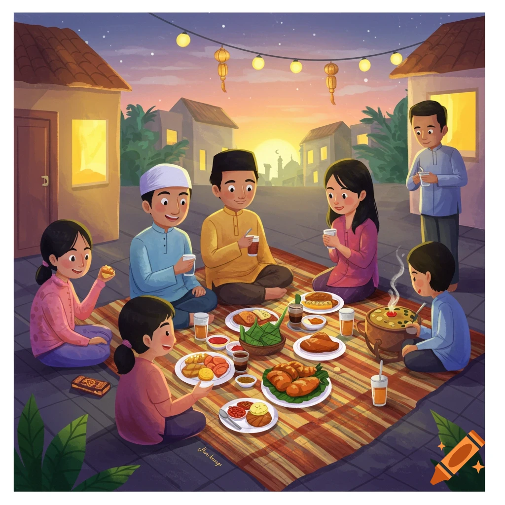Illustration of a family eating together outdoors during sunset with lanterns