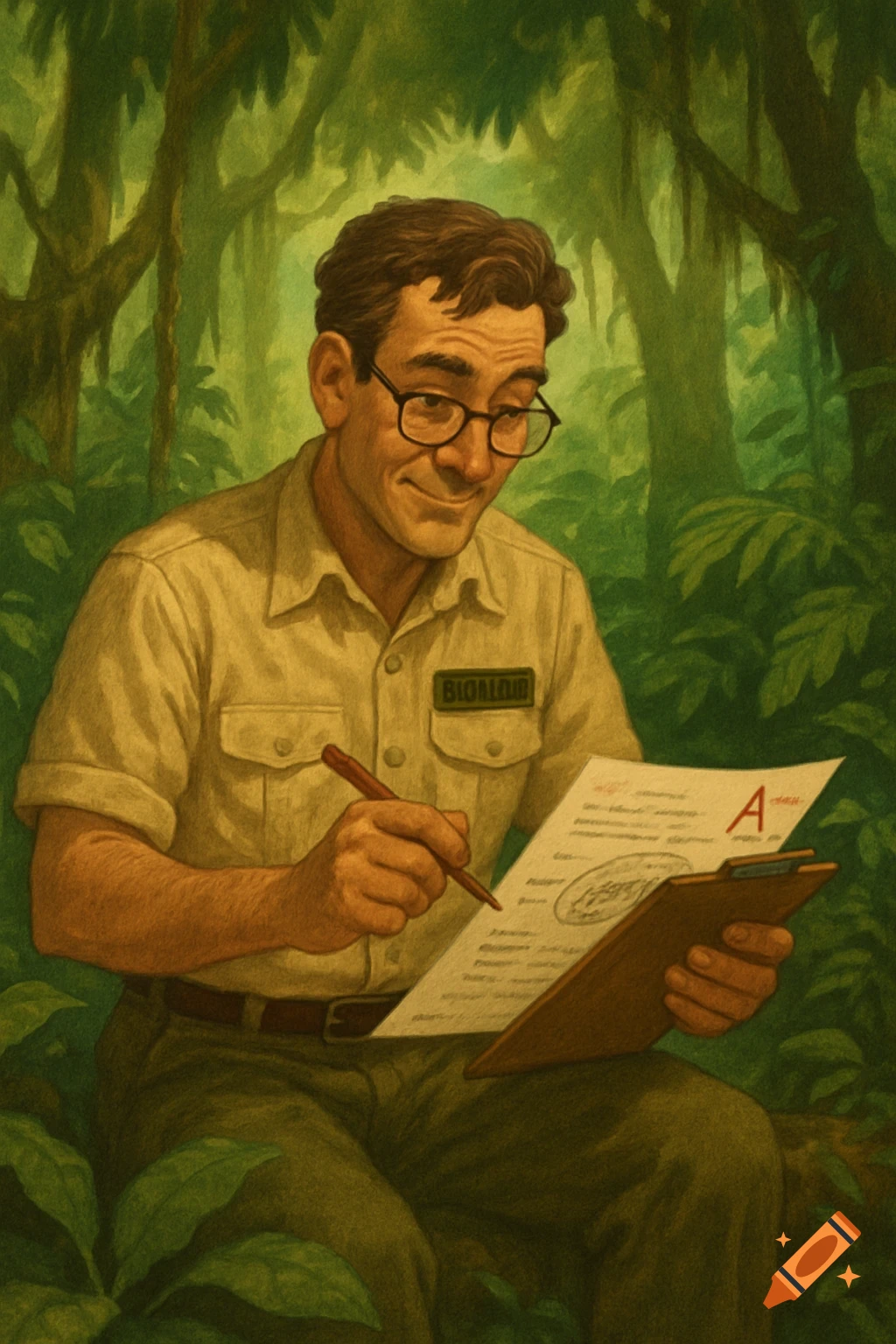 A man in glasses grades papers in a jungle illustration.