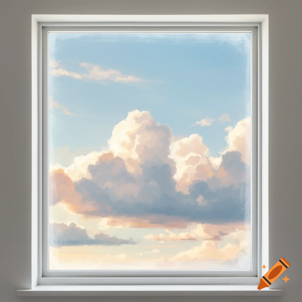 Painterly view of large, fluffy clouds in a blue sky, seen through a window frame.