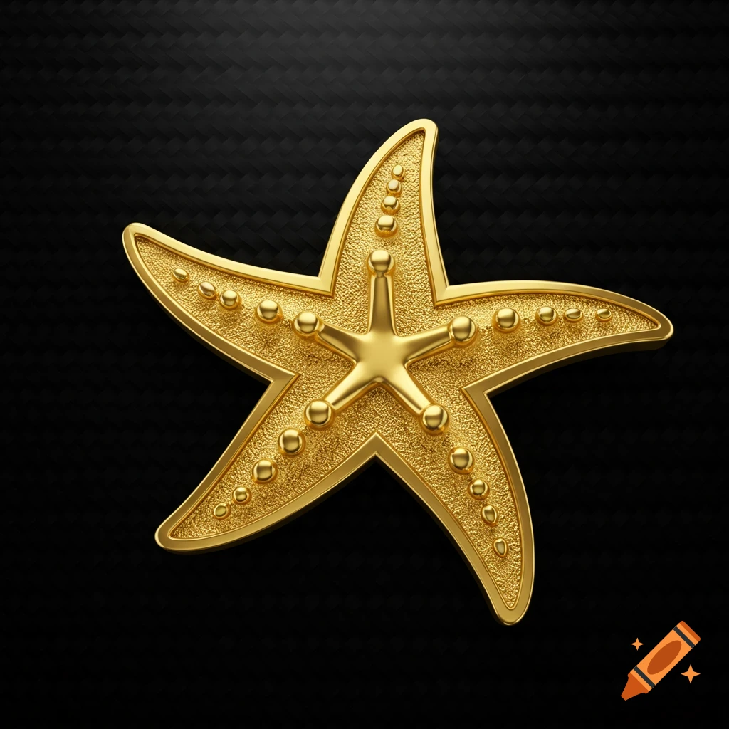 A luxurious golden stylized 3d rendering of a starfish on a black textured background.