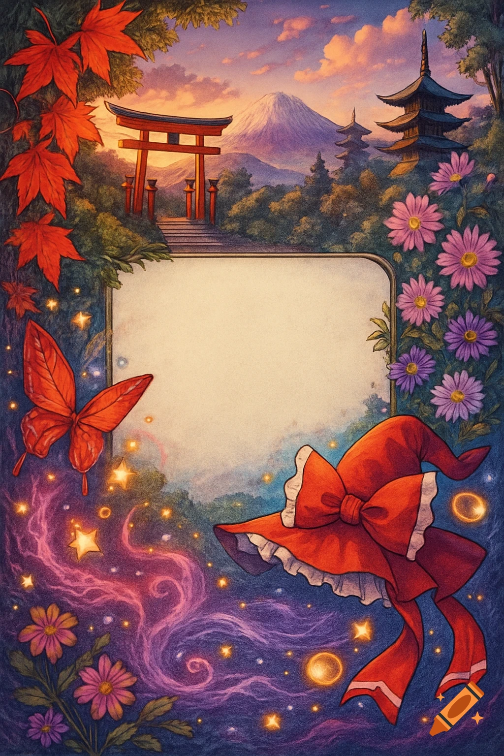 Fantasy illustration border with Japanese landscape, leaves, flowers, butterfly, and witch's hat.