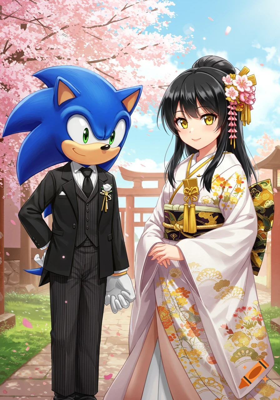 Sonic the Hedgehog in a tuxedo and an anime girl in a kimono stand together under cherry blossoms.
