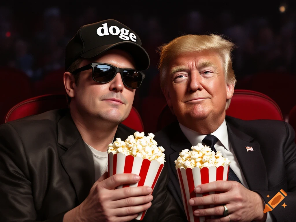 Two men resembling Elon Musk (wearing a 'doge' hat) and Donald Trump sit in a theater, holding popcorn.