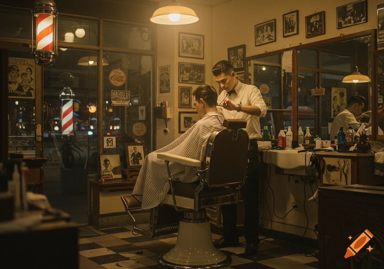 A barber cuts a client's hair in a vintage barbershop at night.