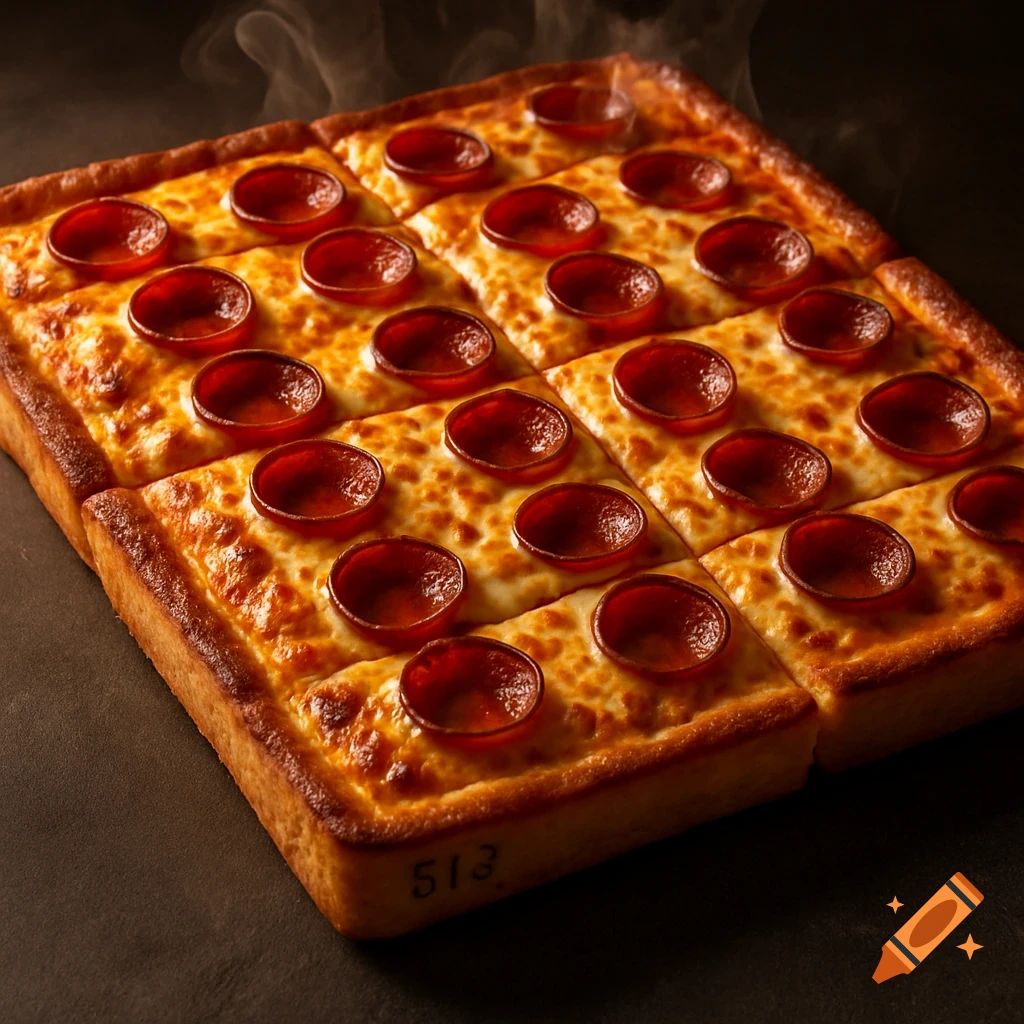 Photorealistic close-up of a square pepperoni pizza cut into squares on a dark surface with steam rising.