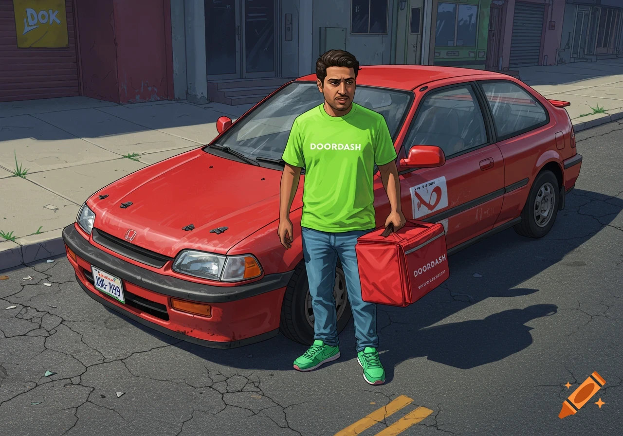 Man in DoorDash shirt stands by a red car, holding a delivery bag. Illustration.