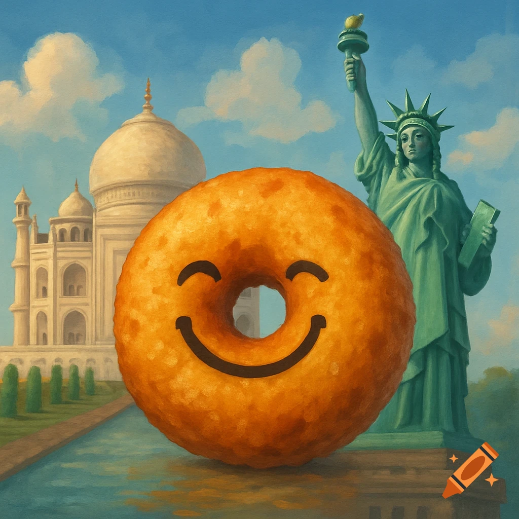 A large, orange, smiley-faced donut sits in front of the Taj Mahal and the Statue of Liberty.