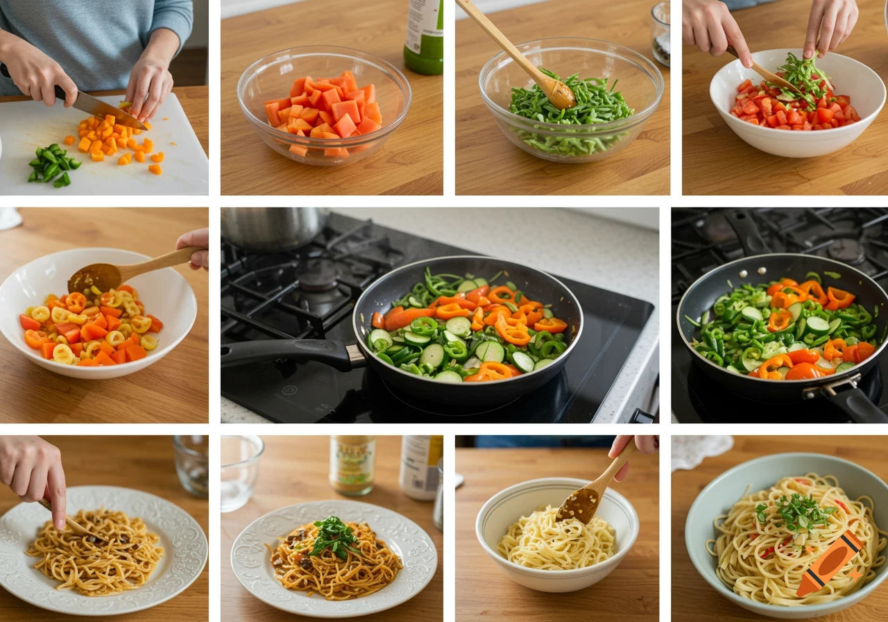 Step-by-step images showing how to prepare pasta with vegetables.