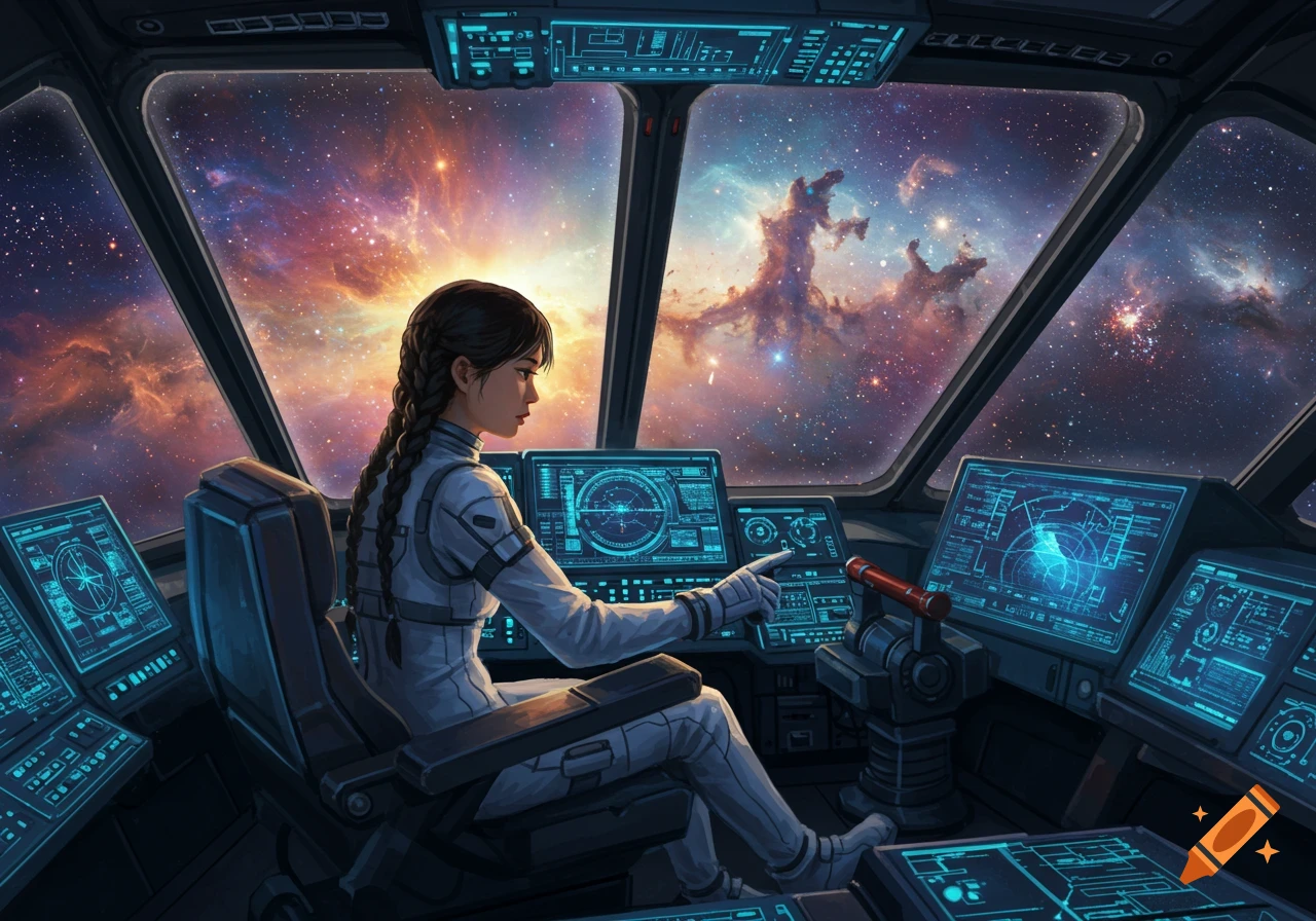 A young woman in a spacesuit sits in the cockpit of a starship, looking out at vibrant nebulas and stars.