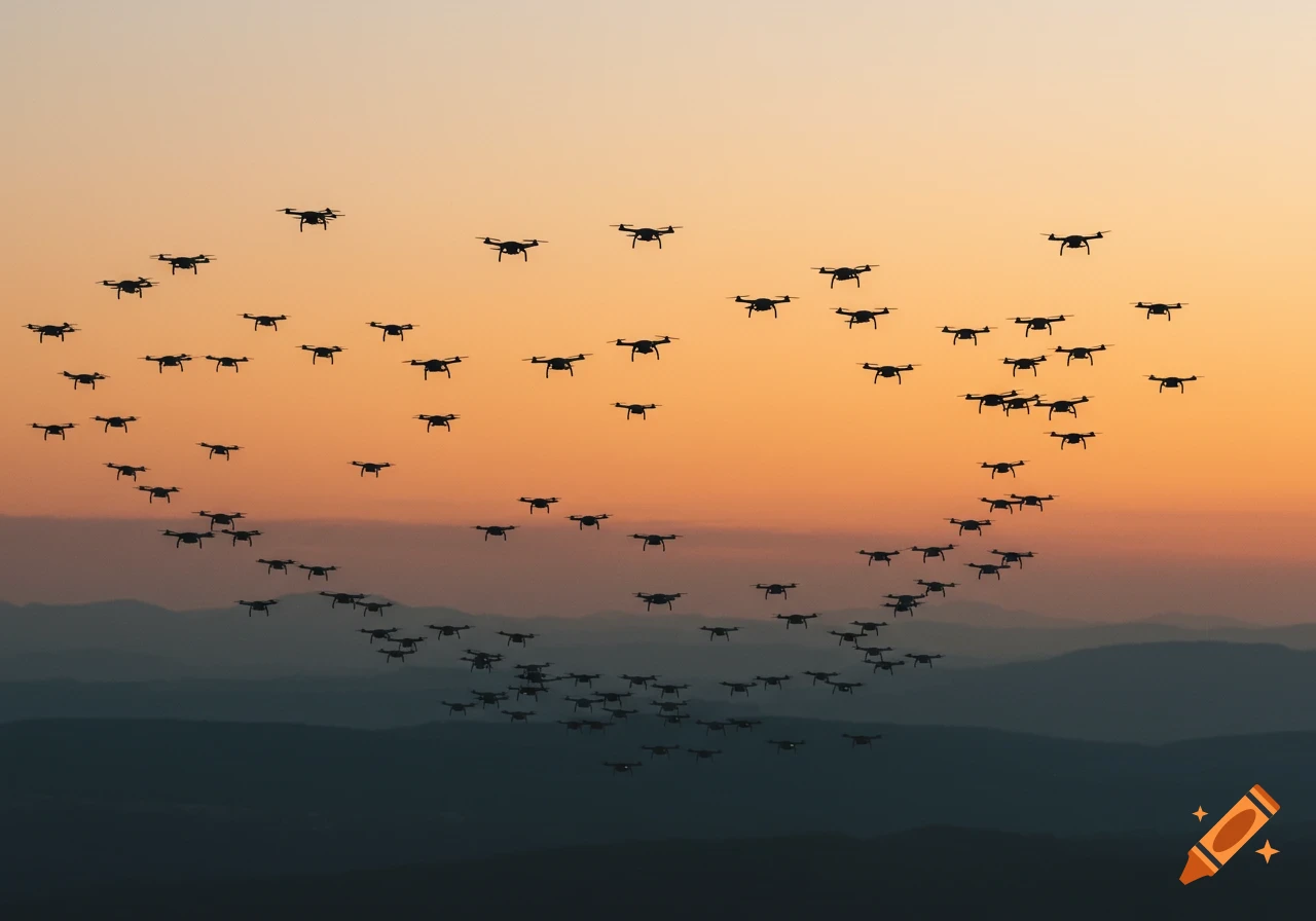 A swarm of dark drones forms a heart shape against a colorful sunset sky above silhouetted mountains.