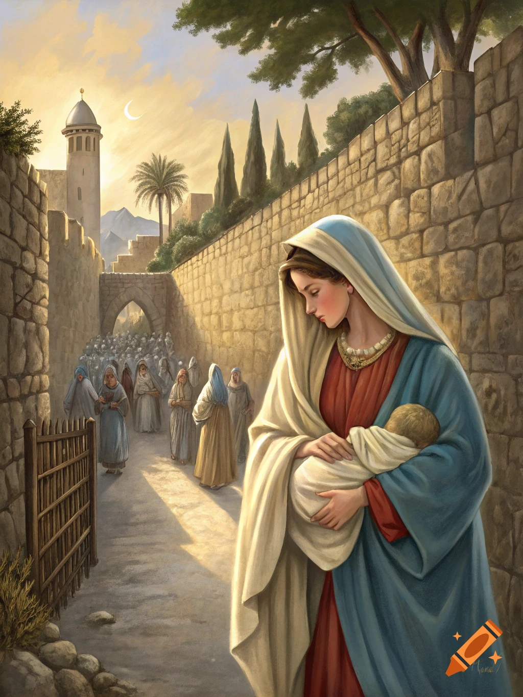 Painting of Mary holding baby Jesus walking with a crowd down a street in an ancient city