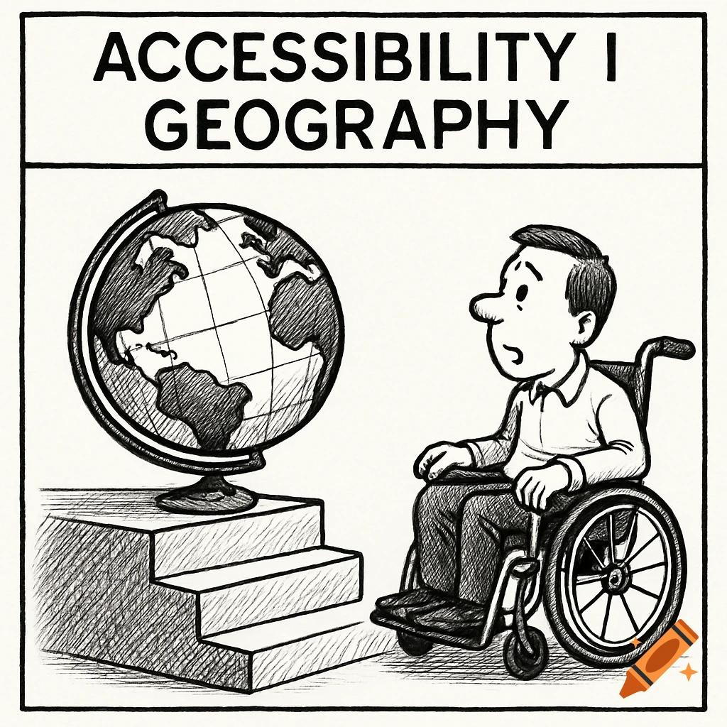 Black and white political cartoon: Man in wheelchair faces a globe atop stairs, labeled 'ACCESSIBILITY I GEOGRAPHY'.