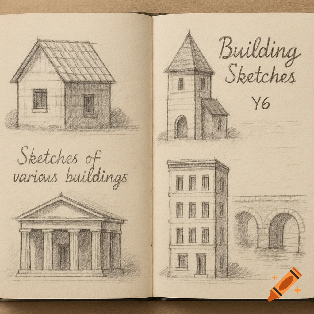 Pencil sketches of various buildings and text in a sketchbook.