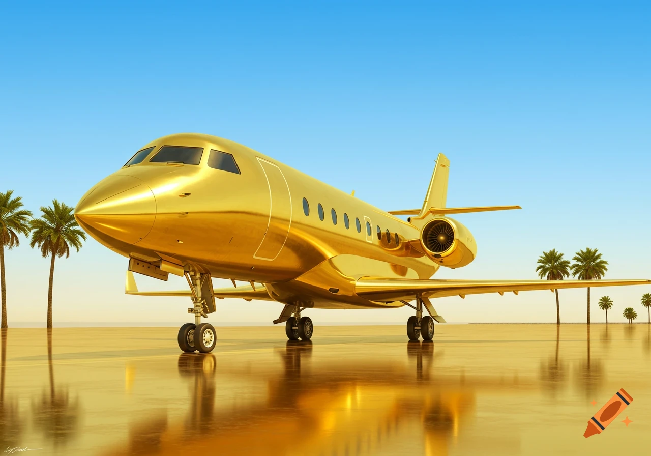 A golden private jet sits on a reflective runway near palm trees under a clear blue sky.
