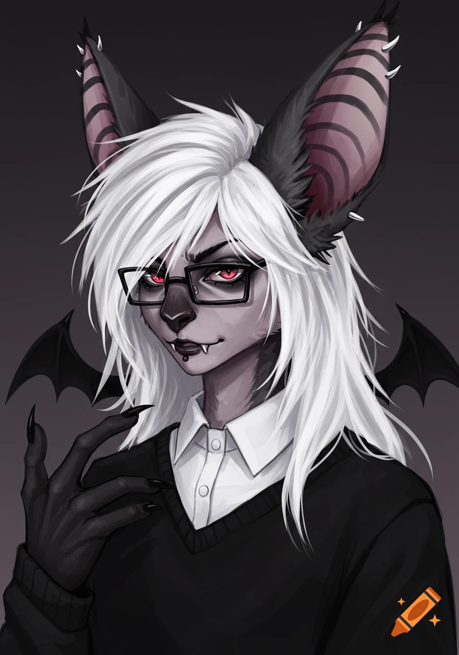 Illustration of an androgynous vampire bat furry wearing glasses and a sweater, with white hair and red eyes.
