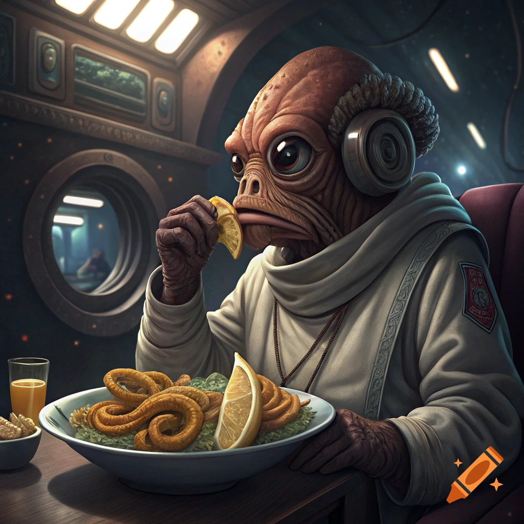An alien character resembling Admiral Ackbar eating calamari at a table in a spaceship.