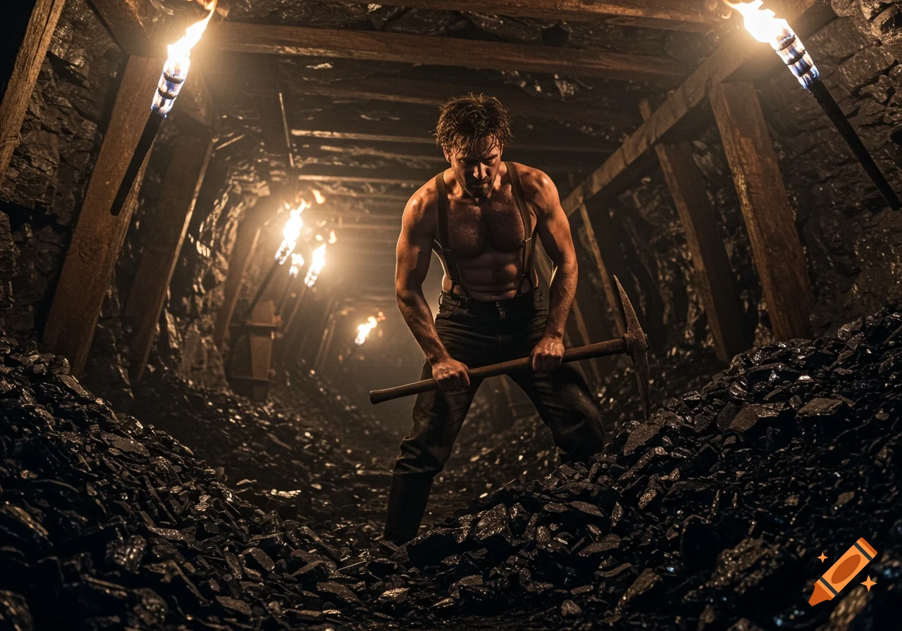 A shirtless man with suspenders and a pickaxe stands amidst coal in a dark, torch-lit mine.