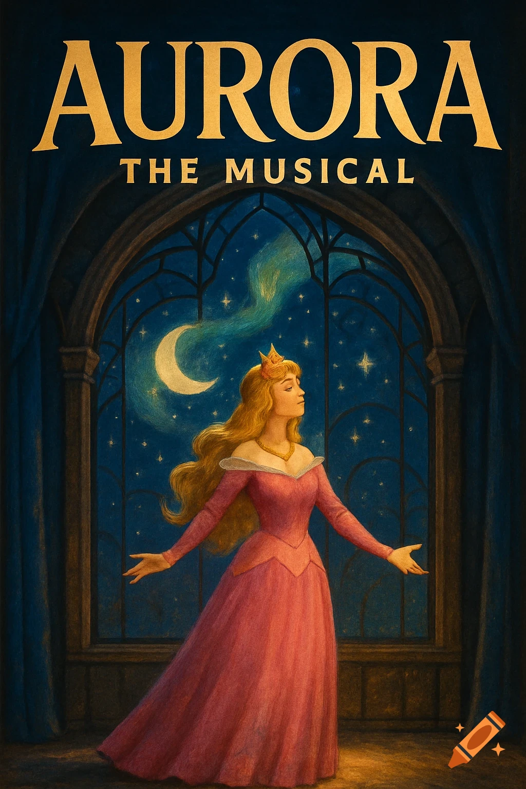 Poster for Aurora The Musical featuring a woman in a pink dress standing in front of a window.