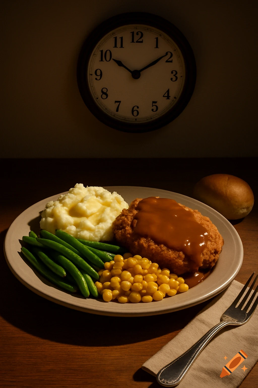 A plate of traditional American dinner with mashed potatoes, green beans, corn, and breaded cutlet with gravy, clock in background.