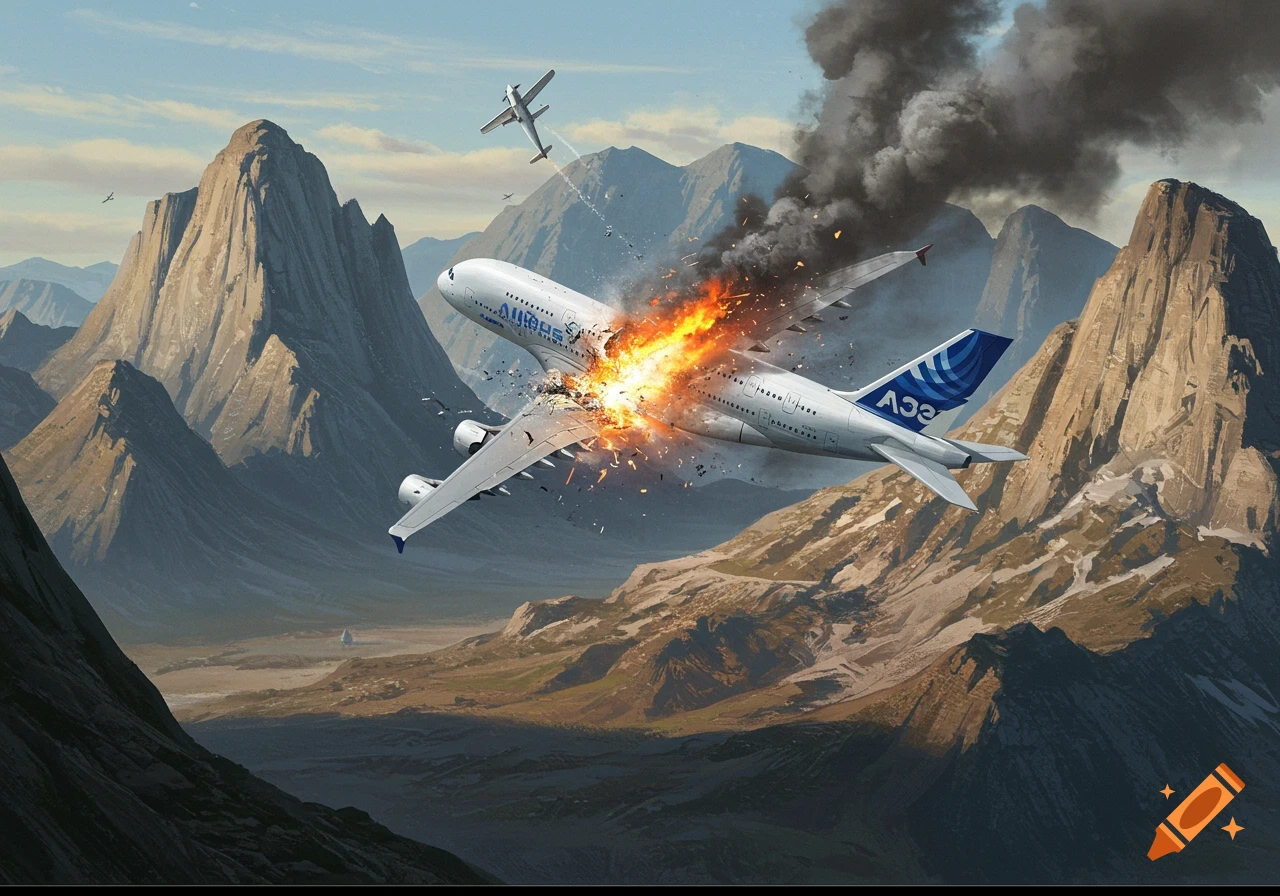 Large passenger jet breaks apart and burns mid-air near mountains after colliding with a small plane, illustration style.