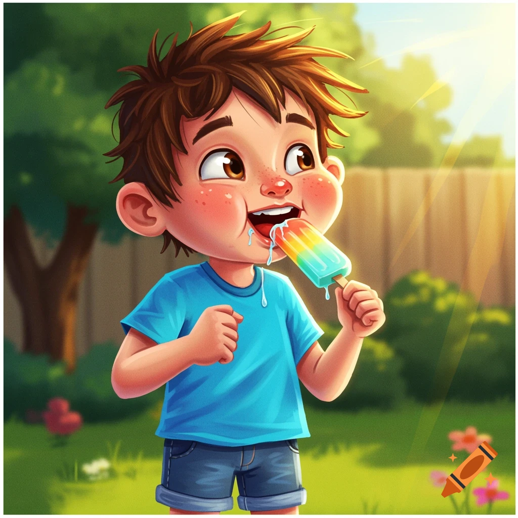 Cartoon boy eating a melting rainbow popsicle in a sunny yard