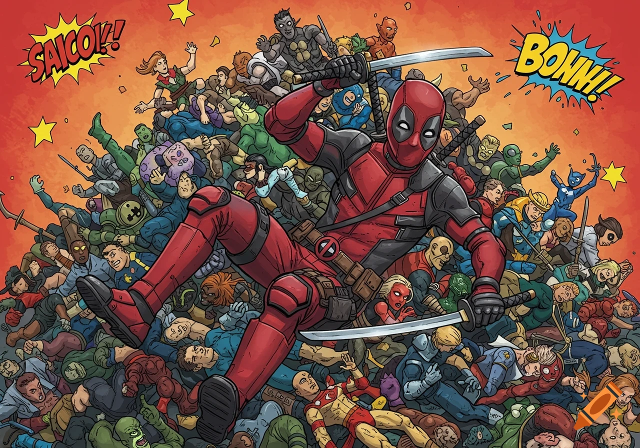 Deadpool sits atop a pile of defeated comic book characters in a ...