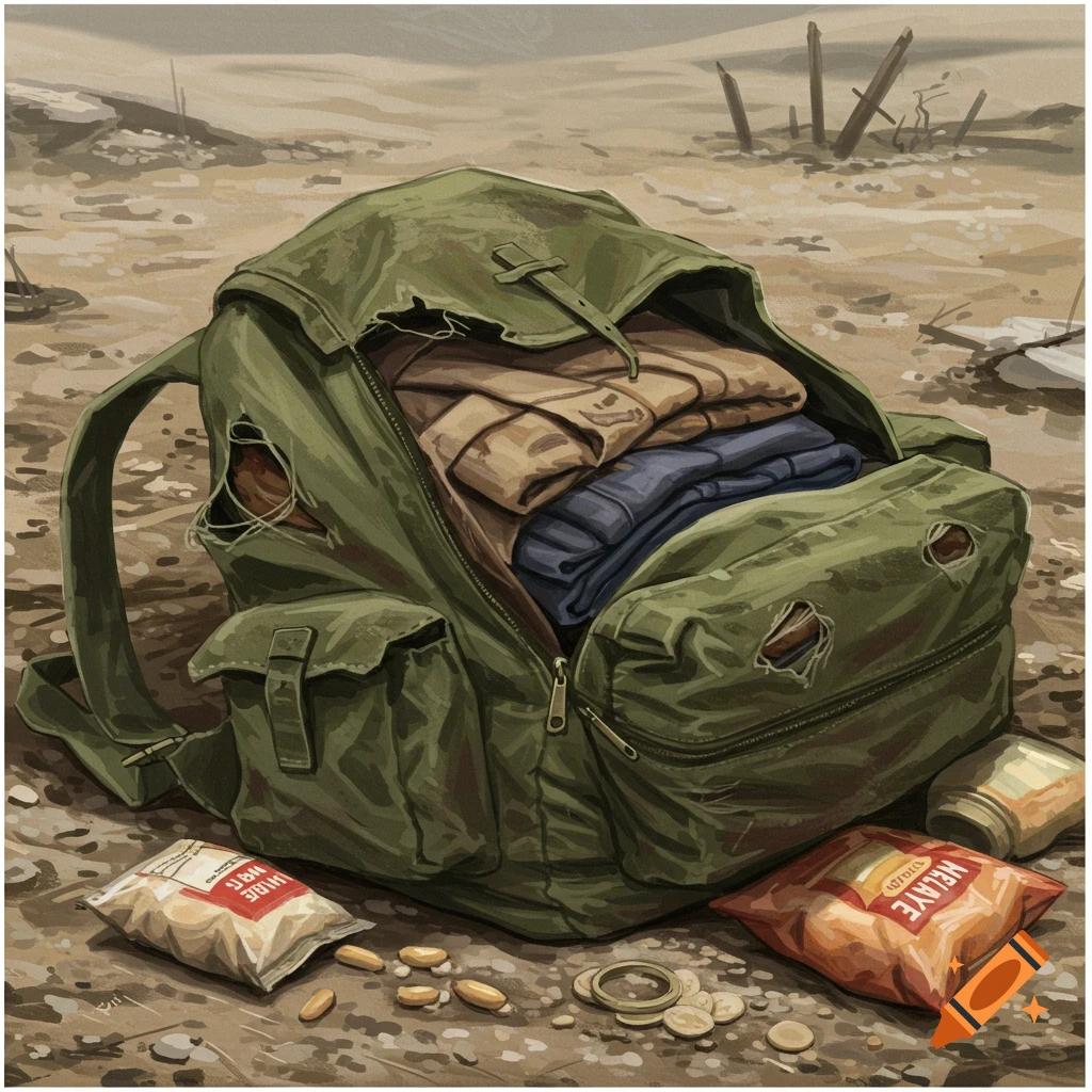 A torn green backpack lies on the ground, spilling clothes, food, and coins in a desolate landscape.