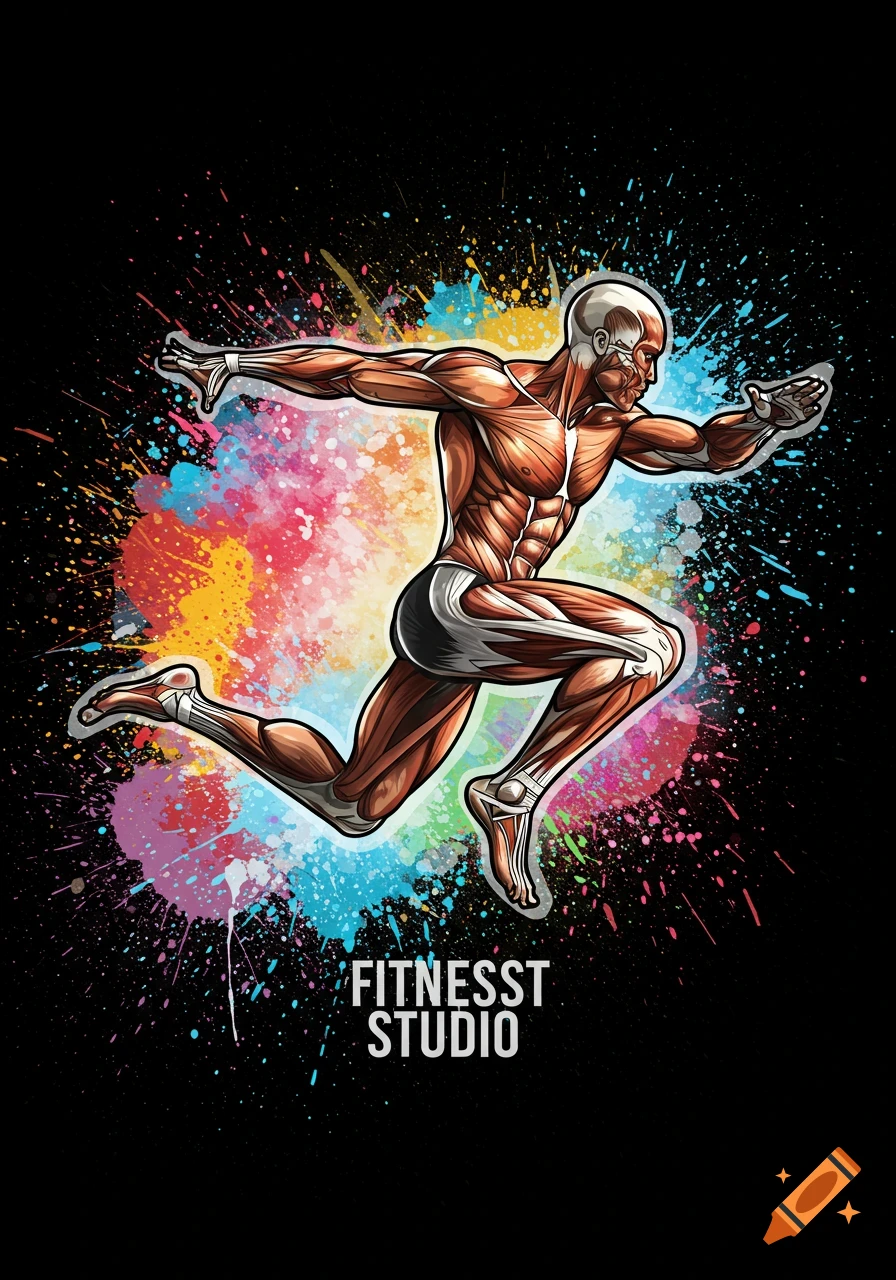 Graphic art of an anatomical figure running against colorful paint splashes, with text 'FITNESST STUDIO'.