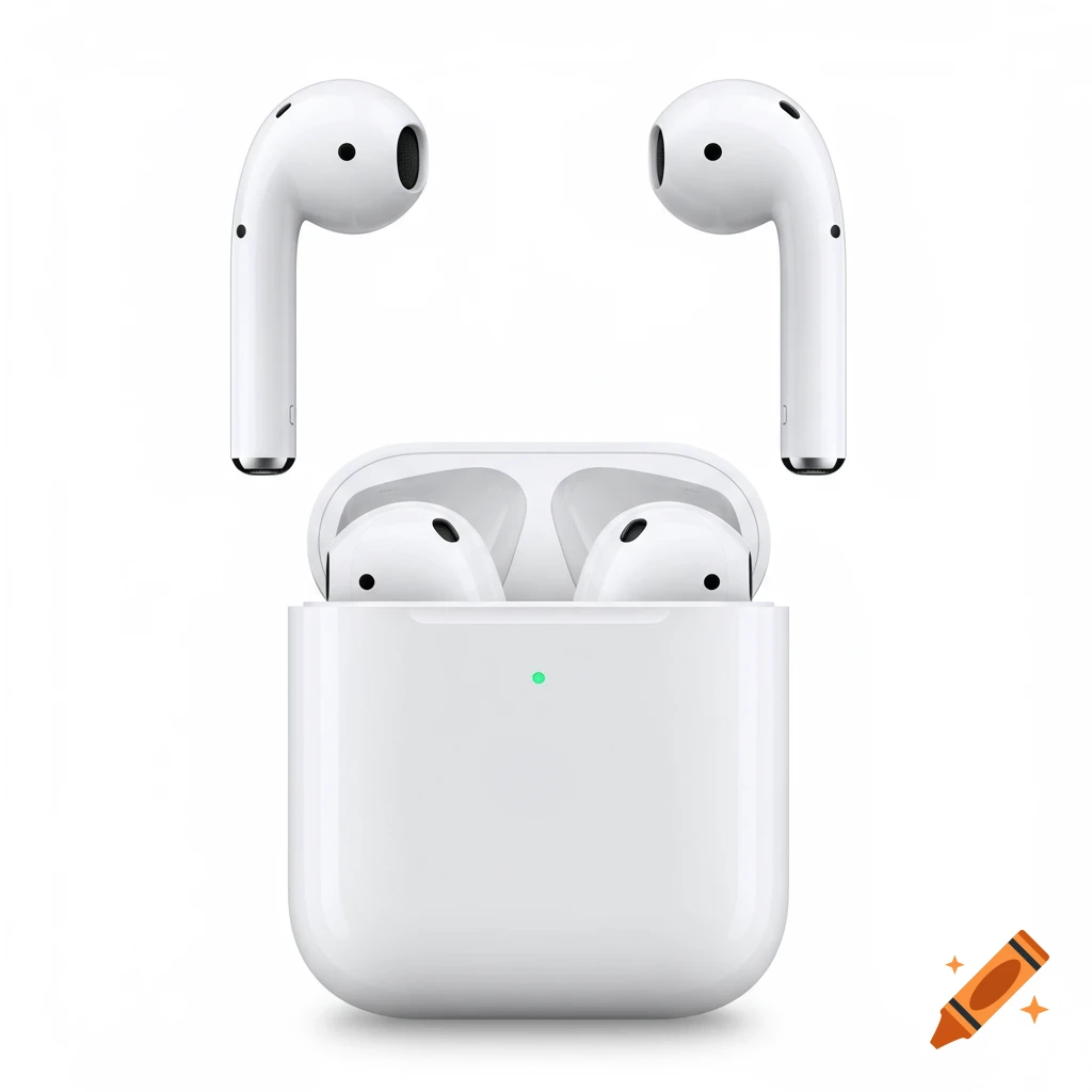 White wireless earbuds and charging case on a white background