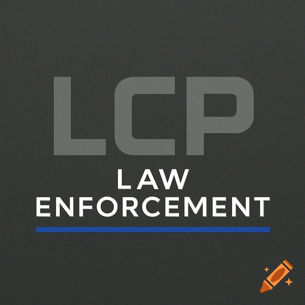Logo for LCP Law Enforcement with text on a dark background and a blue line.