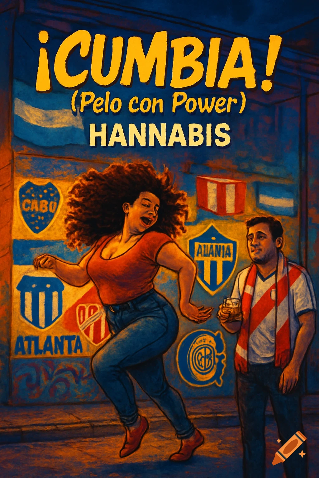 Vibrant street art style illustration of a woman dancing cumbia and a man watching, with text "¡CUMBIA!" and stylized club logos.