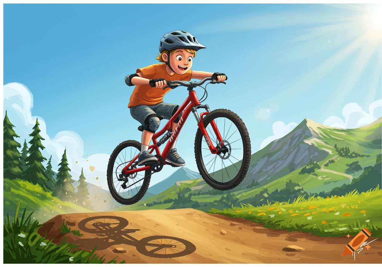 Illustration of a child on a red mountain bike hitting a jump with mountains in the background.