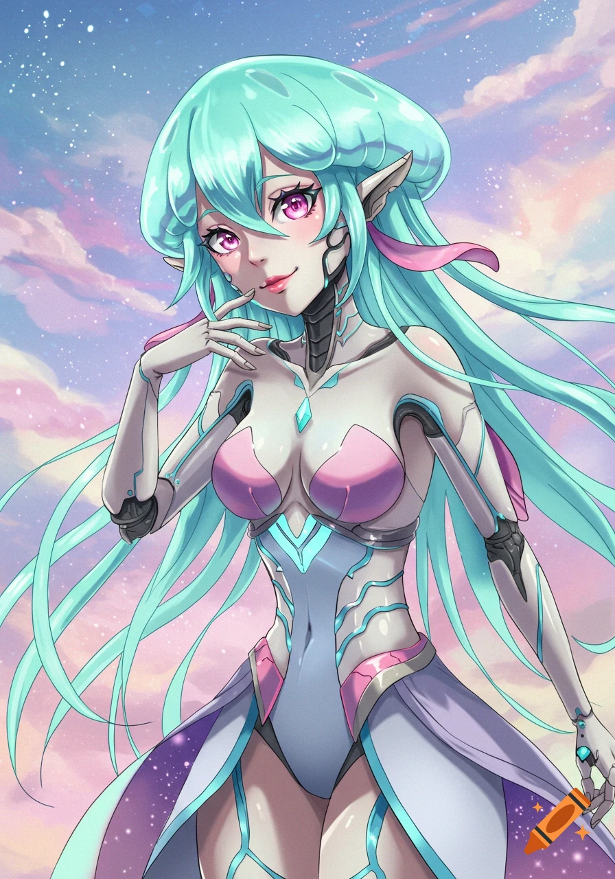 Anime illustration of a turquoise-haired cyborg sorceress in a suit against a pastel sky.