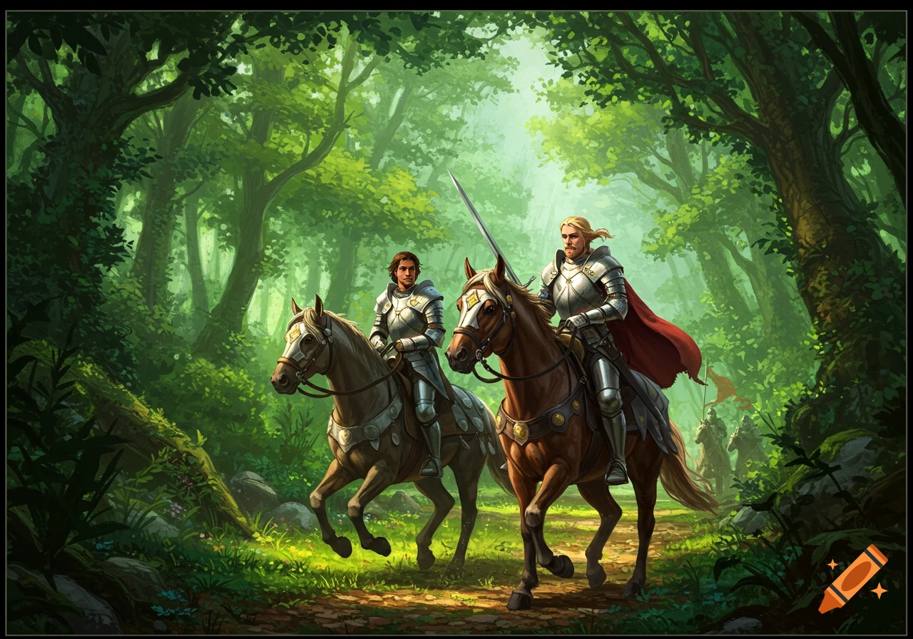 Knight Riding Two Horses Two knights in armor ride horses along a path through a lush green ...