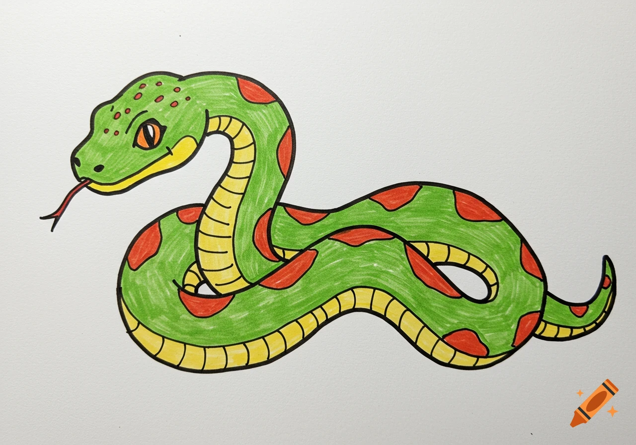 Simplistic crayon drawing of a green snake with red spots and yellow underside.