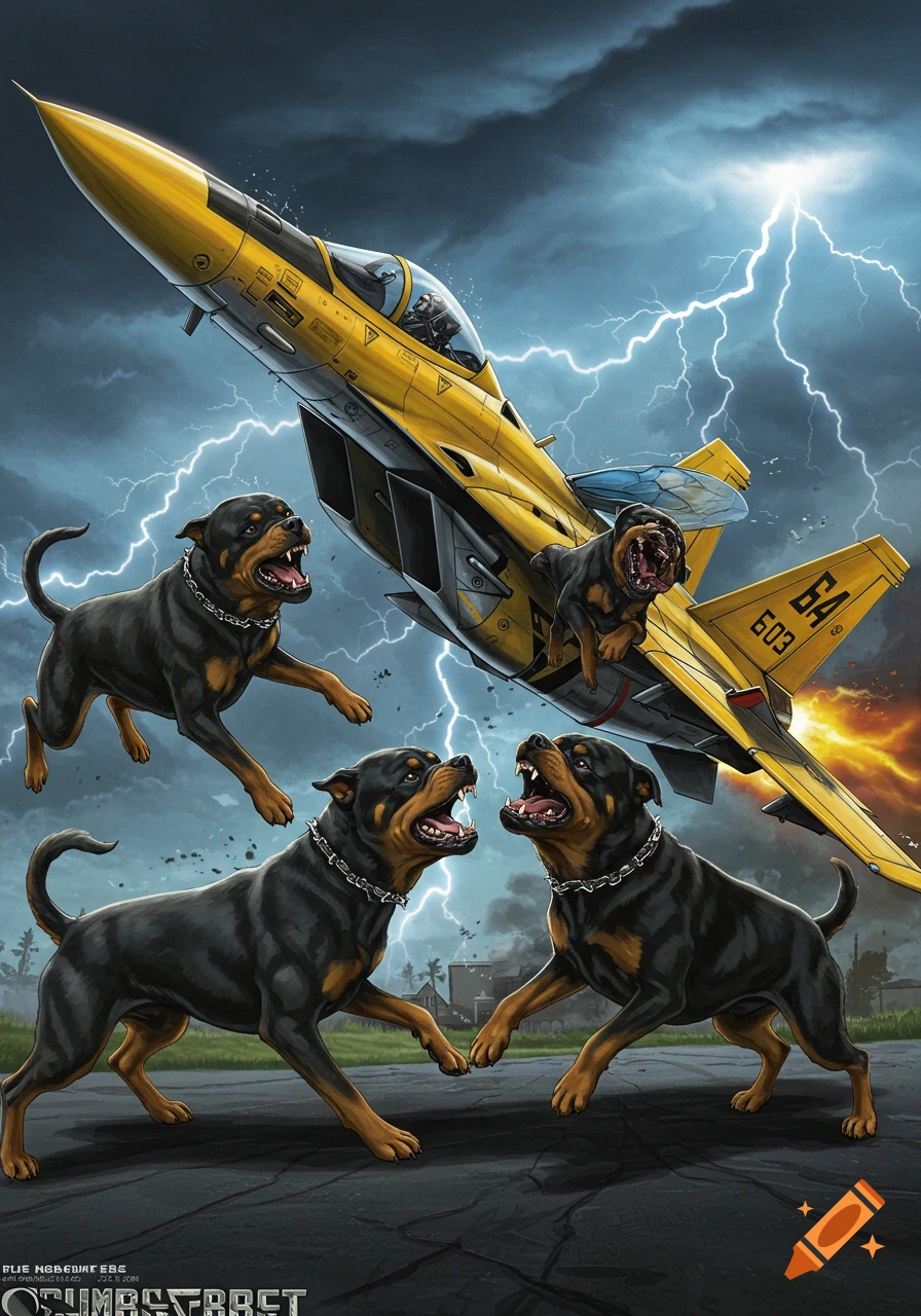 Rottweilers attack a yellow fighter jet flying through a lightning storm in an illustrated style.
