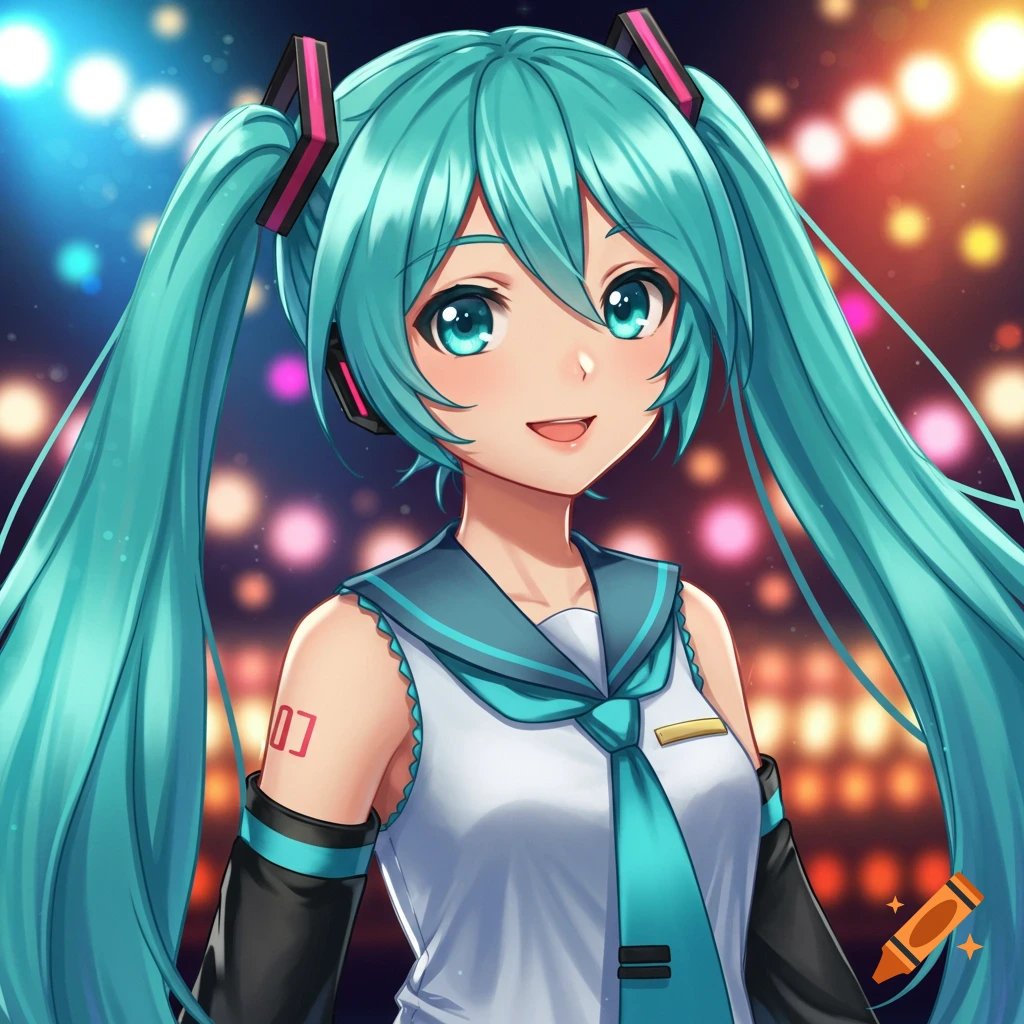 Anime girl with teal pigtails and headphones smiling on a stage.