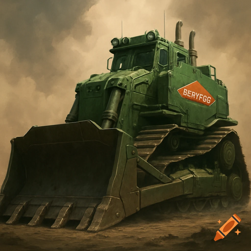 Stylized illustration of a large green bulldozer with a red badge.