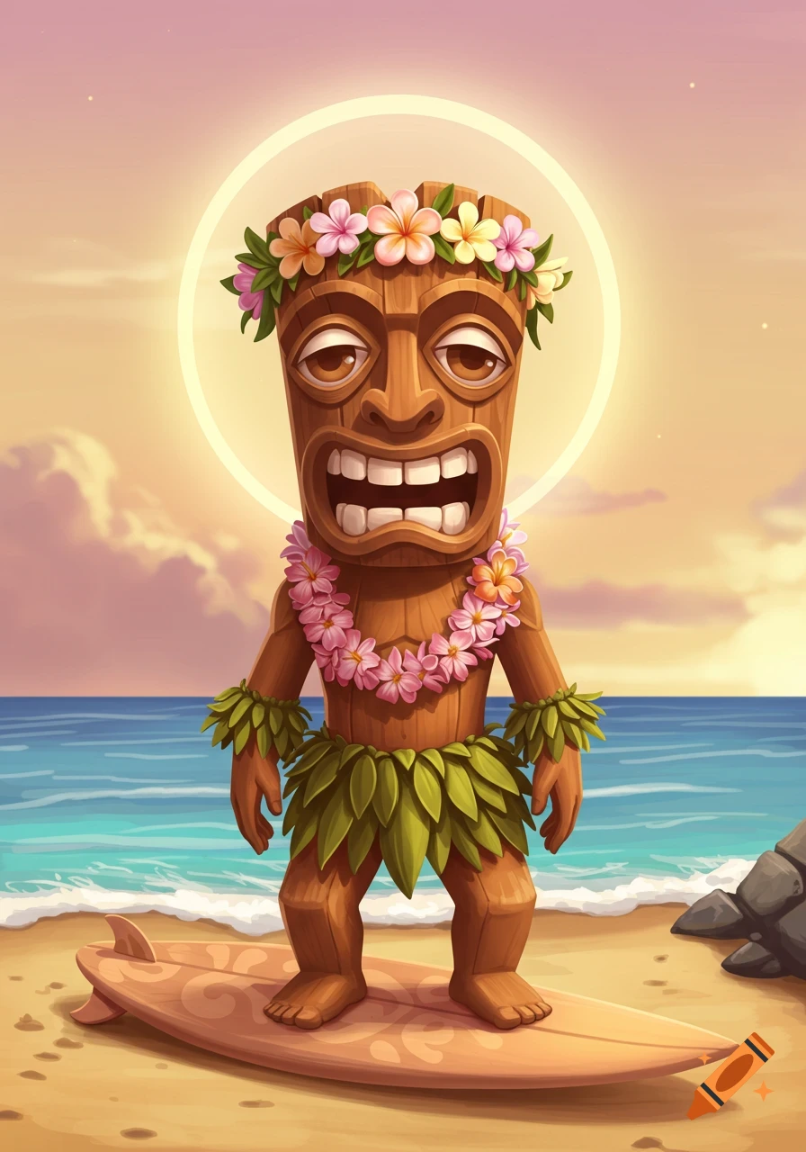 A cartoon tiki figure on a surfboard at a beach, wearing a flower lei and crown, with a glowing circle behind its head.