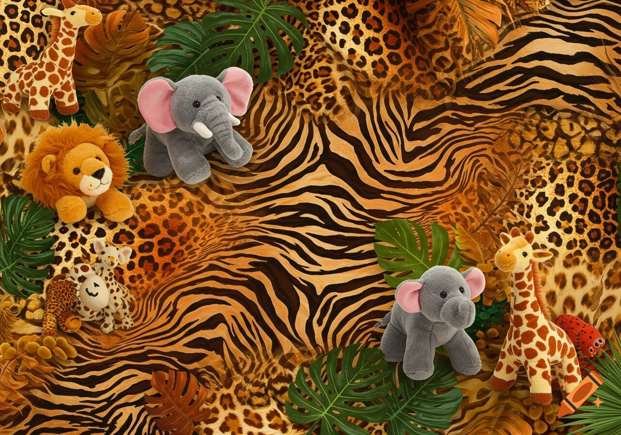 Plush safari animals including lion, elephants, and giraffes on a background of leopard and tiger prints with tropical leaves.