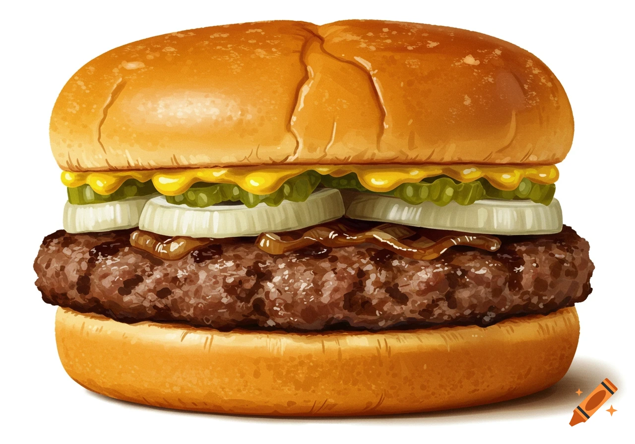 Illustration of a burger with cheese, pickles, and onions.