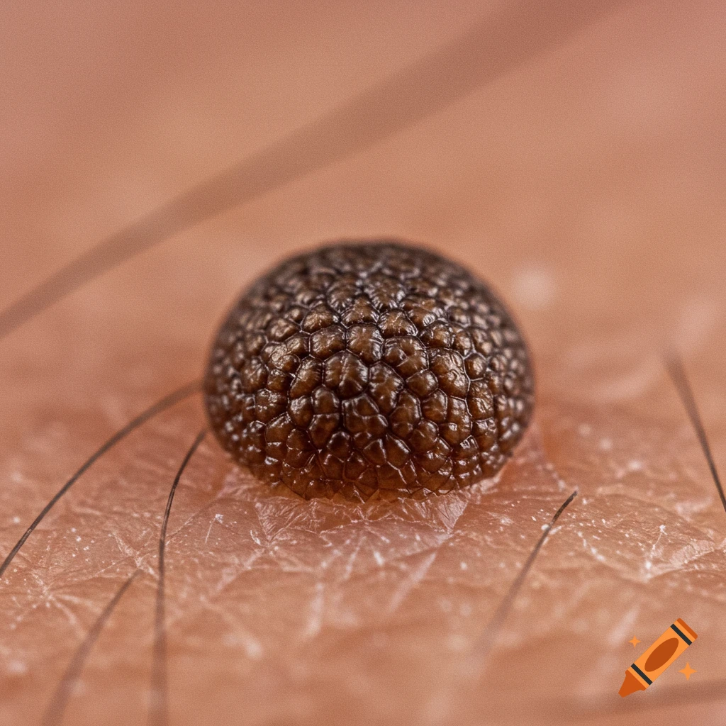 Macro close-up of a textured mole on human skin with hair follicles.