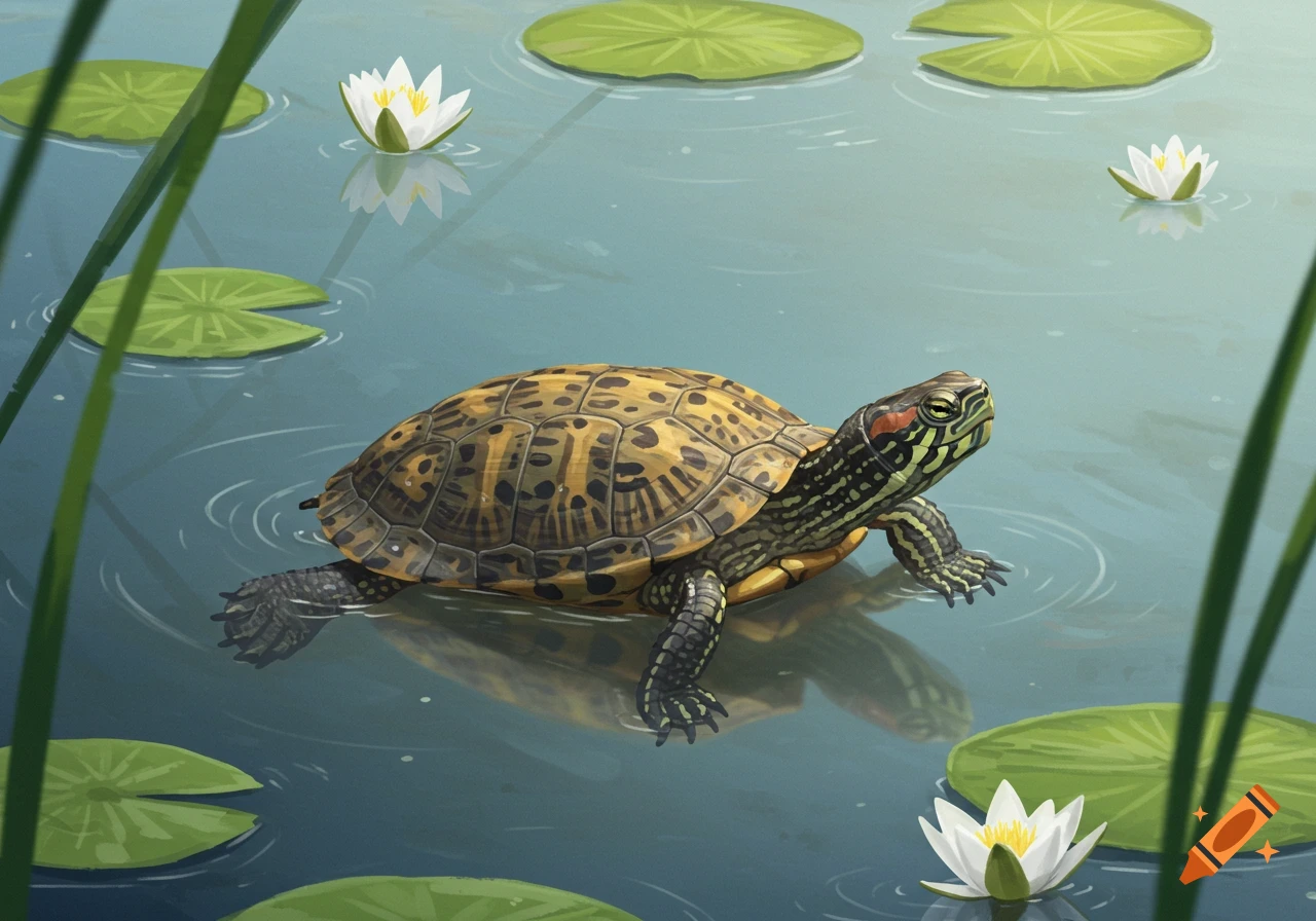 A spotted turtle swims in a pond among lily pads and white flowers.