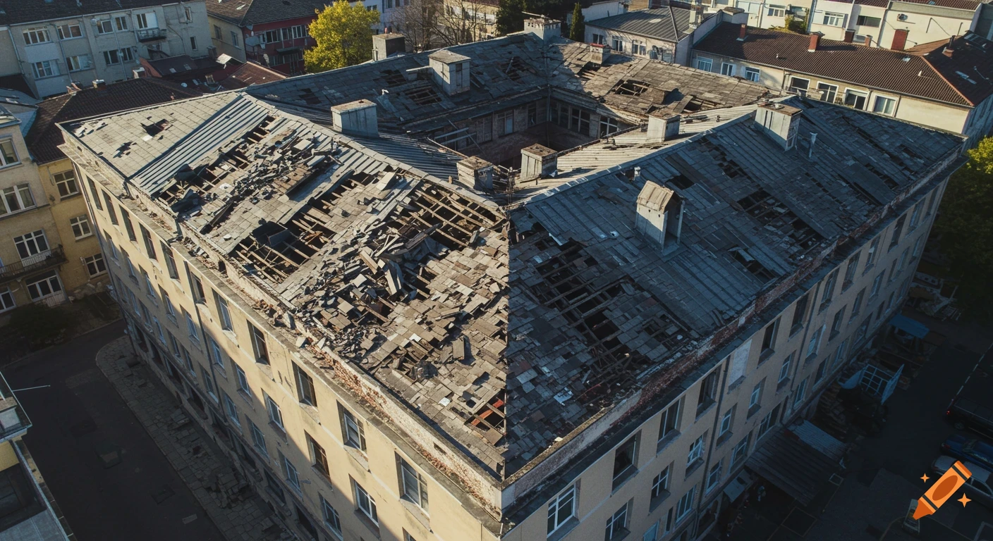 Aerial view of a large building with a severely damaged roof.