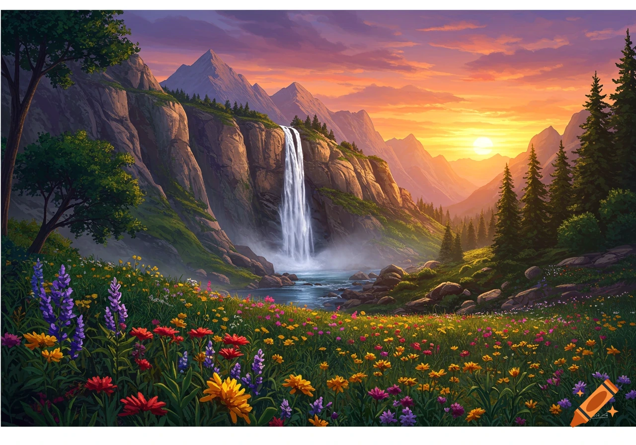 A vibrant painting of a waterfall cascading down cliffs into a river, surrounded by mountains, lush greenery, and wildflowers at sunset.