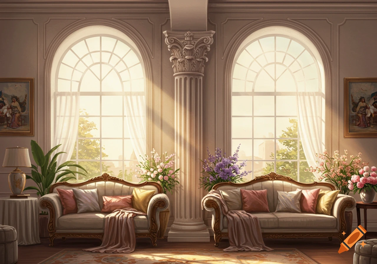 Grand room with large arched windows, a central column, two sofas, flowers, and paintings.